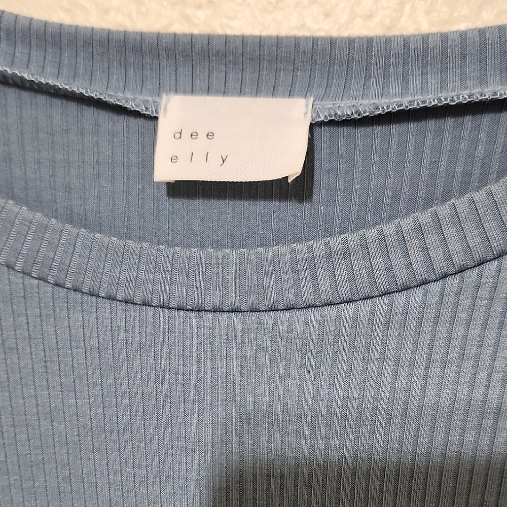 Soft Blue Long Sleeve Tunic Dress with Asymmetrical Ruching - Picture 2 of 6